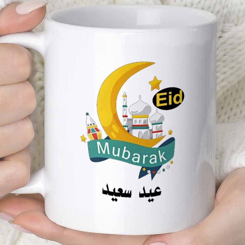 Tailorly White Ceramic 11 oz Mug - Eid Mubarak Yellow Crescent Moon Among Festive Mosque Domes And Minarets Mubarak