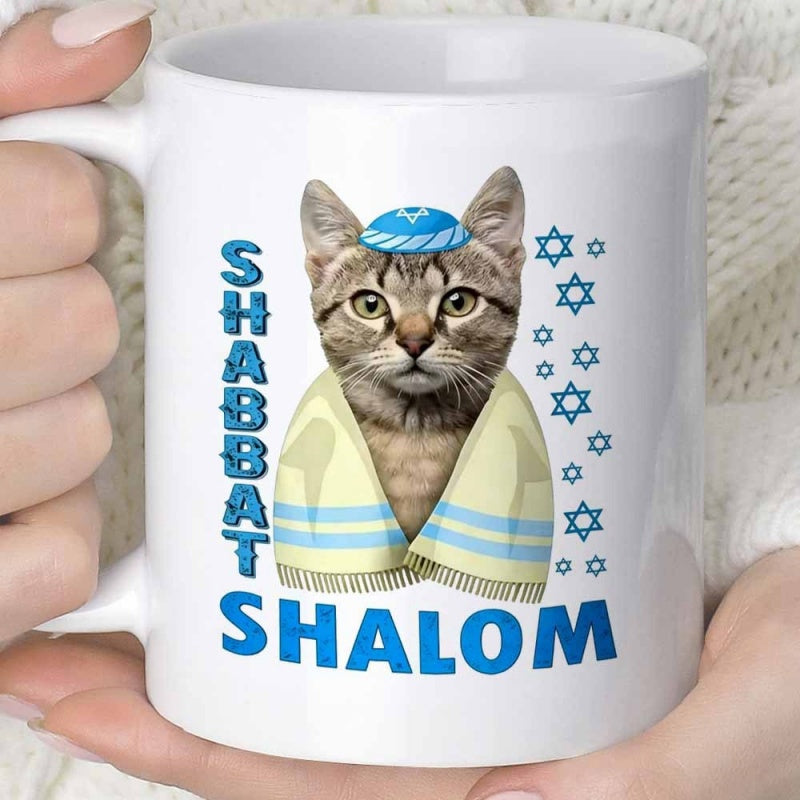 Tailorly White Ceramic 11 oz Mug - Shabbat Shalom Adorable Tabby Wearing A Religious Kippah And Tallit Wrap Among Blue Stars Cat
