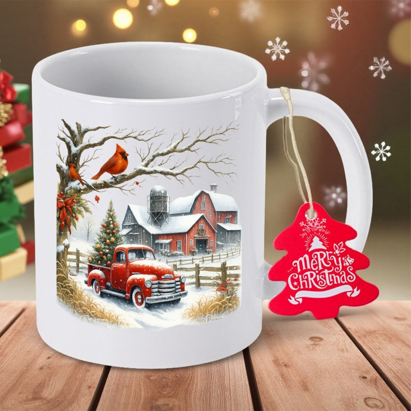 Tailorly White Ceramic 11 oz Mug - Merry Christmas Red Vintage Pick Up Carrying Evergreen Tree Within A Snowy Landscape Truck