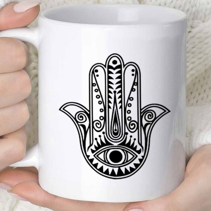 Tailorly White Ceramic 11 oz Mug - Ornate Symbolic Protection Sign With Intricate Patterns And Spiritual Evil Eye Hamsa