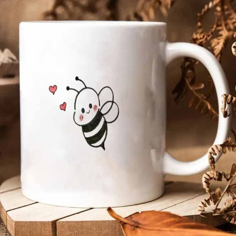 Tailorly White Ceramic 11 oz Mug - Minimalist Hand Drawn Cute Cartoon Bee With Floating Pink Hearts Bee