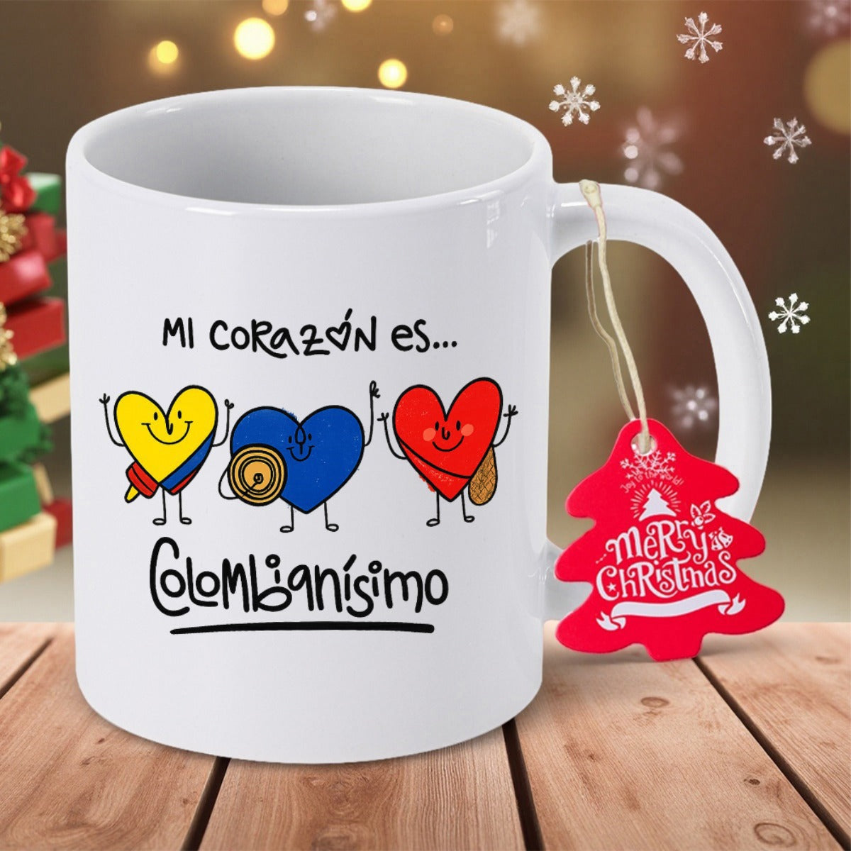 Tailorly White Ceramic 11 oz Mug - Merry Christmas Three Colorful Smiling Cartoon Hearts Featuring Vibrant Patriotic Flag Colors Mug