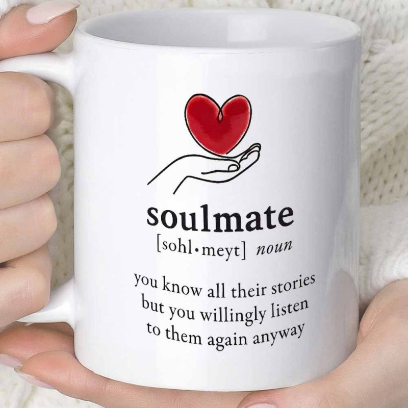 Tailorly White Ceramic 11 oz Mug - Soulmate Minimalist Hand Line Art Gently Holding A Vibrant Red Heart