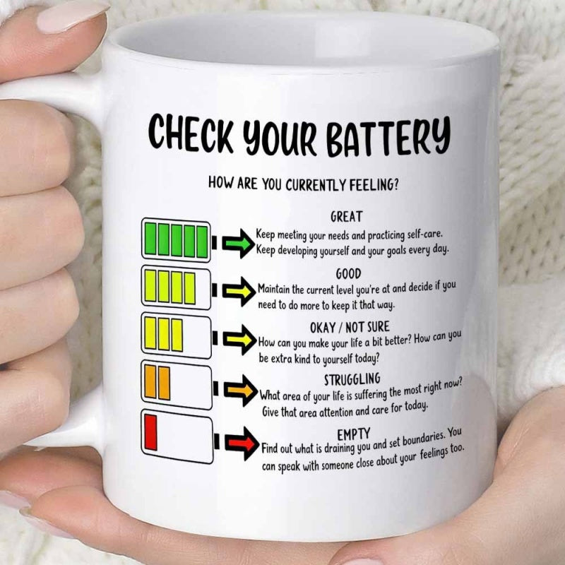 Tailorly White Ceramic 11 oz Mug - Check Your Battery How Are You Currently Feeling Great Good Okay Not Sure Struggling Empty Five Level Color Indicators