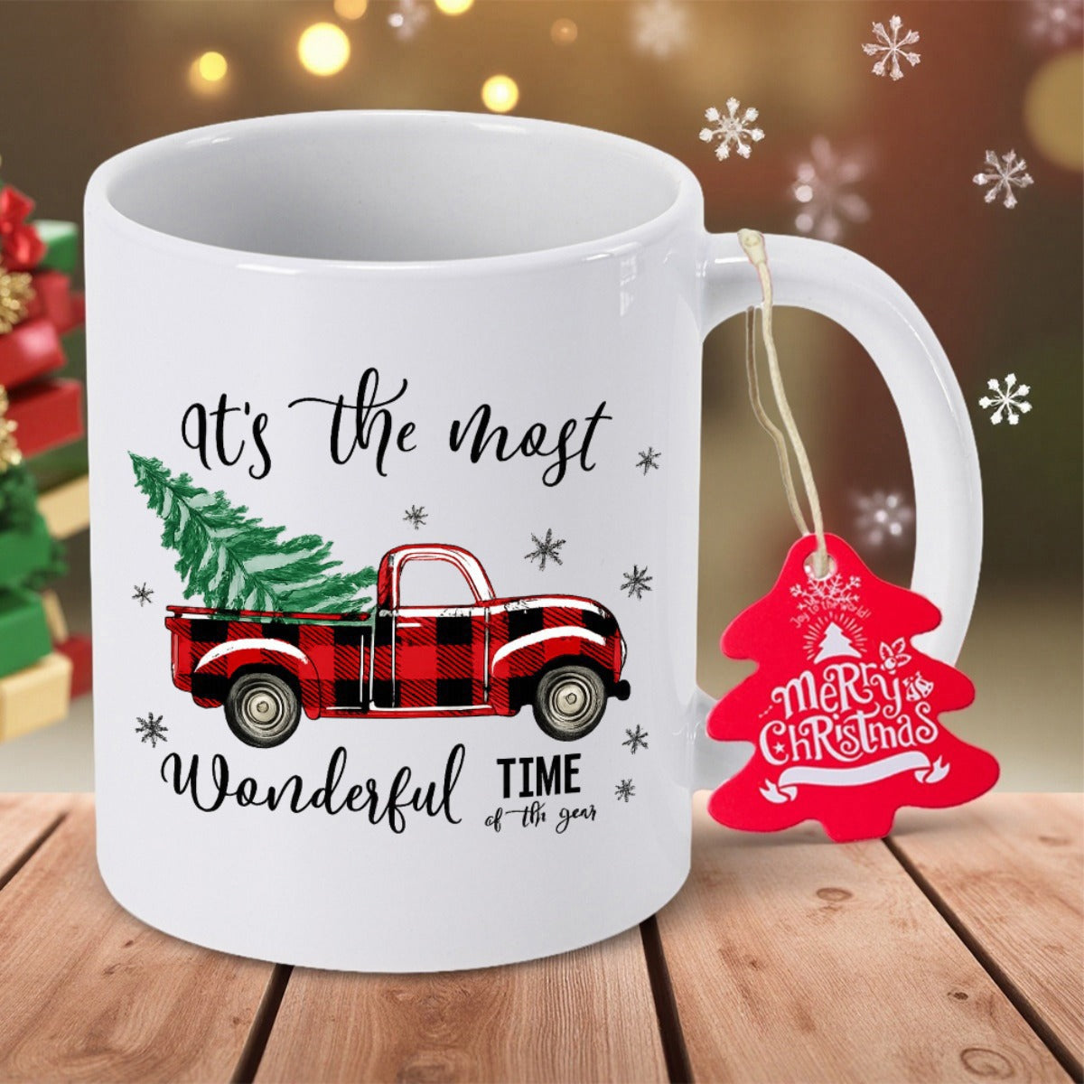 Tailorly White Ceramic 11 oz Mug - Its The Most Wonderful Time Of The Year Classic Red Buffalo Plaid Vintage Pickup Carrying A Forest Green Tree Truck