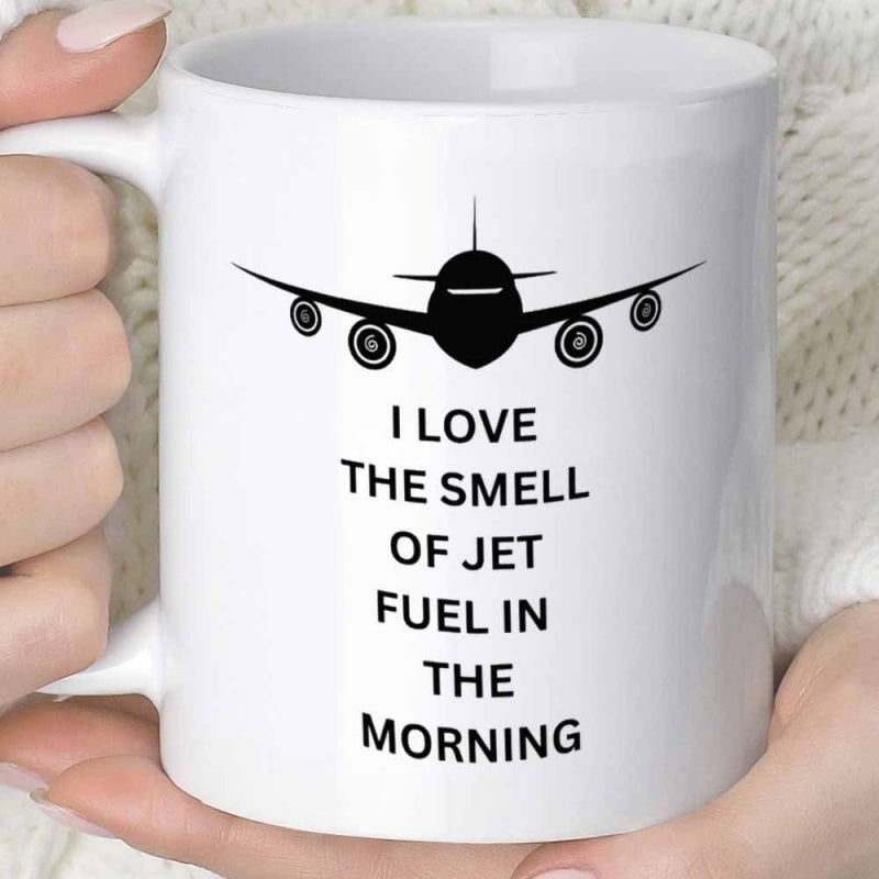 Tailorly White Ceramic 11 oz Mug - I Love The Smell Of Jet Fuel In The Morning Minimalist Silhouette Of A Large Commercial Jet Plane With Four Engines Airplane