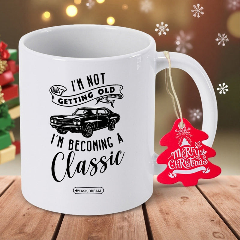 Tailorly White Ceramic 11 oz Mug - Im Not Getting Old Im Becoming A Classic Vintage Muscle Car Silhouette Parked On A Sleek Metallic Background Car