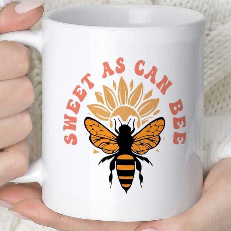 Tailorly White Ceramic 11 oz Mug - Sweet As Can Bee Retro Styled Orange Bumblebee Centered Within A Radiant Golden Sunflower Bee