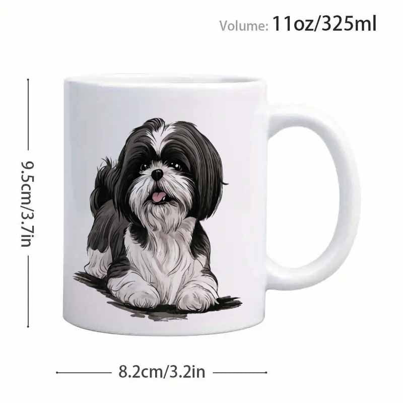 Tailorly White Ceramic 11 oz Mug - Cute Fluffy Black And White Furry Puppy Sitting Calmly Shih Tzu