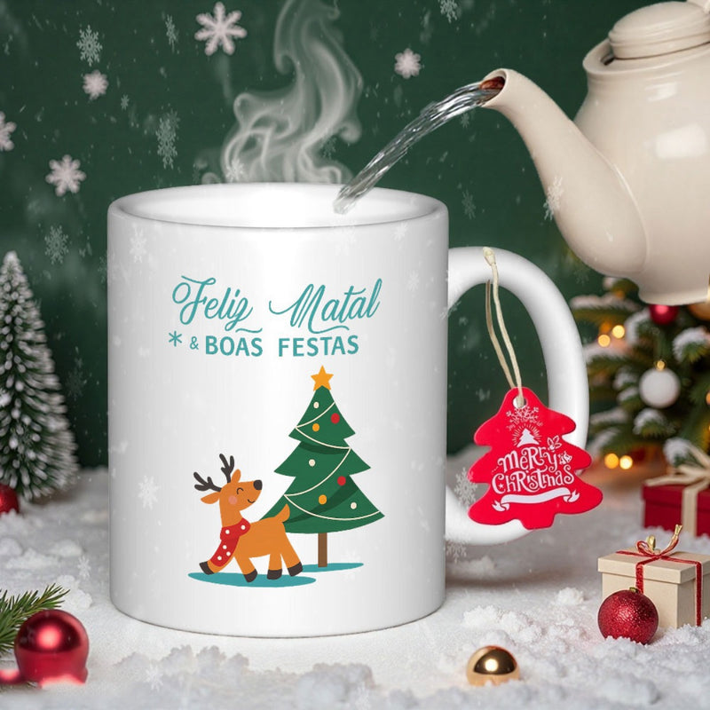 Tailorly White Ceramic 11 oz Mug - Merry Christmas Cute Reindeer Standing Beside A Green Decorated Christmas Tree Reindeer
