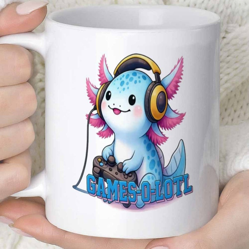 Tailorly White Ceramic 11 oz Mug - Games O Lotl Cute Blue Creature Wearing Golden Headphones Holding A Game Controller Axolotl