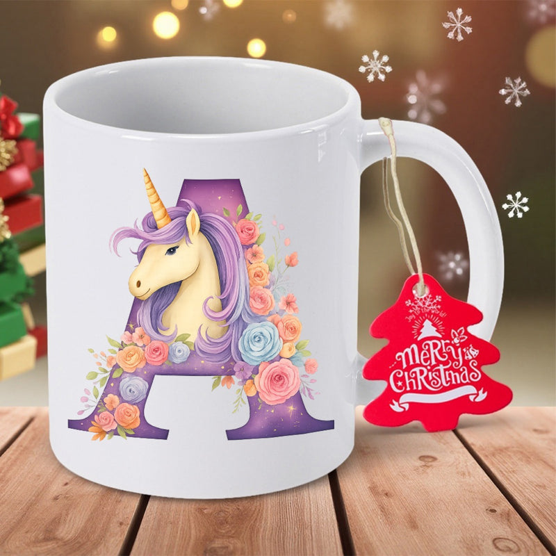 Tailorly White Ceramic 11 oz Mug - Merry Christmas Floral Letter A With Majestic Unicorn Head And Pastel Roses Unicorn