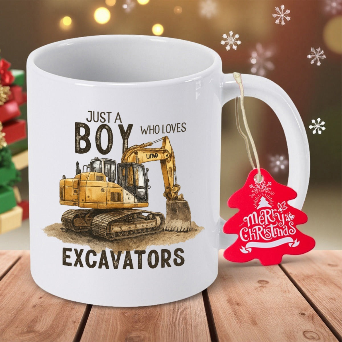 Tailorly White Ceramic 11 oz Mug - Just A Boy Who Loves Excavators Detailed Yellow Construction Vehicle Working On Ground With Powerful Arm Excavator