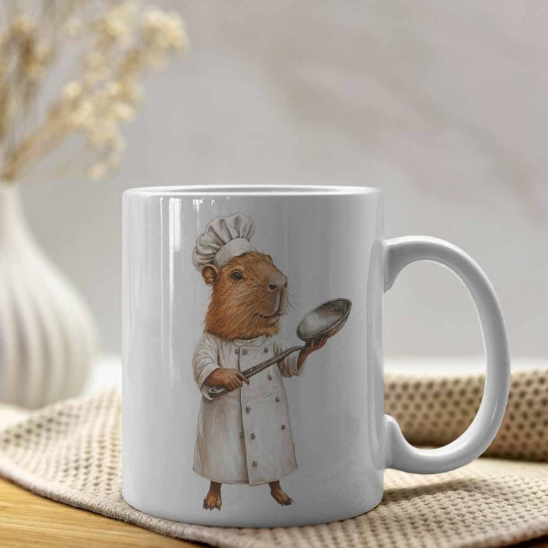 Tailorly White Ceramic 11 oz Mug - Adorable Animal Chef Wearing White Uniform Holding Metal Frying Pan Capybara