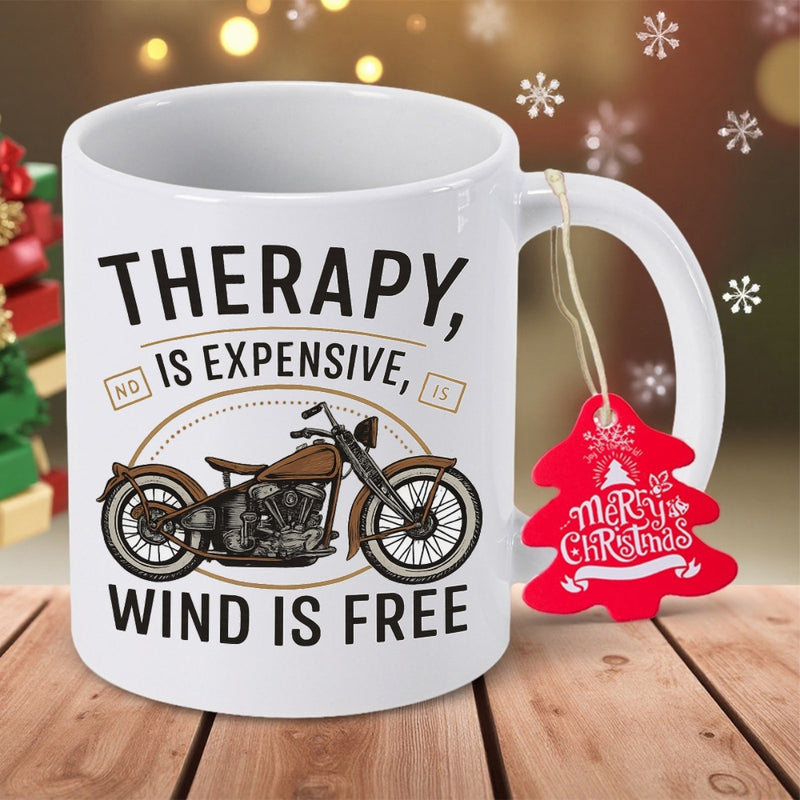 Tailorly White Ceramic 11 oz Mug - Therapy Is Expensive Wind Is Free Vintage Brown Classic Cruiser Parked In Center Of Oval Frame Motorcycle