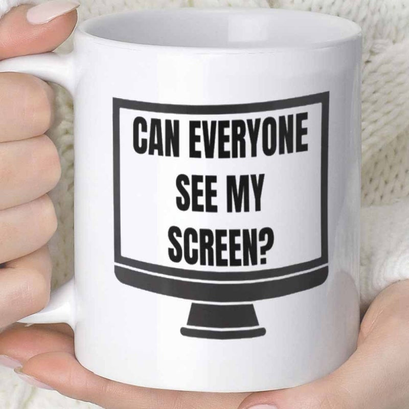 Tailorly White Ceramic 11 oz Mug - Can Everyone See My Screen Minimalist Black Digital Desktop Computer Display Outline Monitor