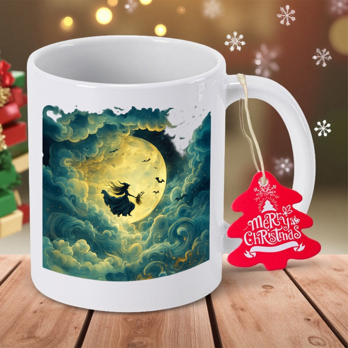 Tailorly White Ceramic 11 oz Mug - Silhouetted Flying Through Clouds Against A Bright Glowing Golden Full Moon Witch