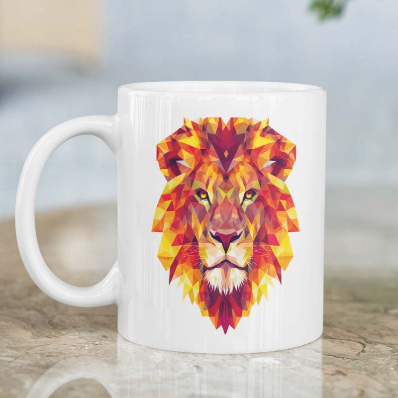 Tailorly White Ceramic 11 oz Mug - Geometric Polygon Patterns With Warm Sunset Tones Creating A Majestic Fierce Lion