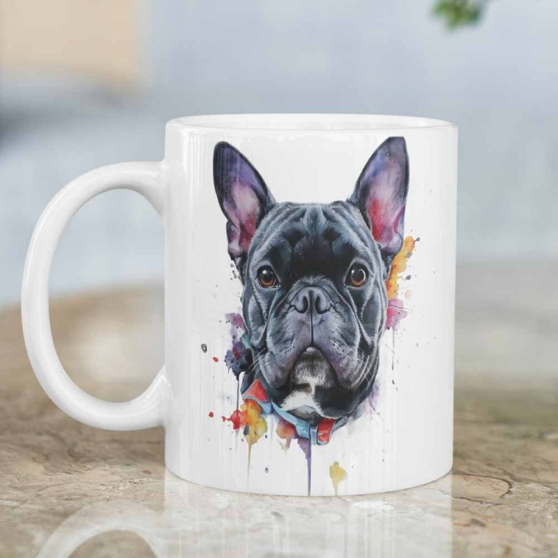 Tailorly White Ceramic 11 oz Mug - Vibrant Watercolor Artistic Style With Colorful Paint Splashes French Bulldog