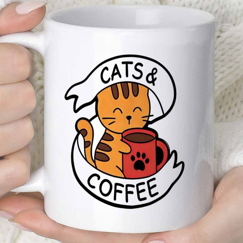 Tailorly White Ceramic 11 oz Mug - Cats Coffee Adorable Orange Tabby Holding A Small Red Cup Of Warm Cat