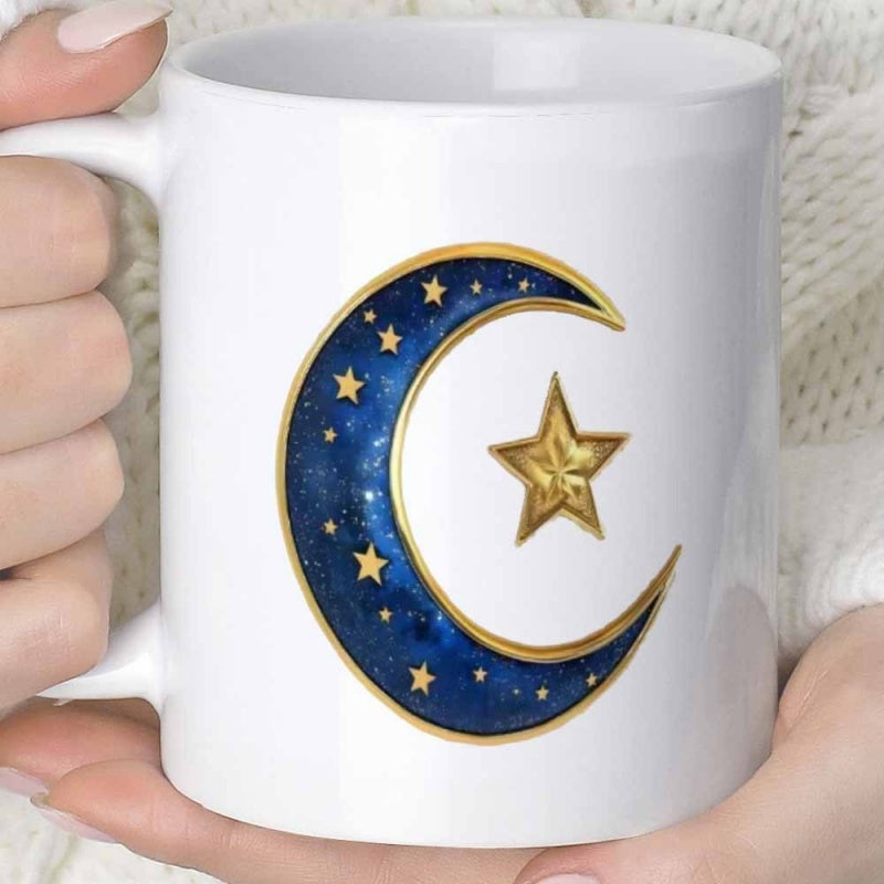 Tailorly White Ceramic 11 oz Mug - Golden Celestial Stars With Blue Galaxy Nebula Texture Inside A Large Crescent