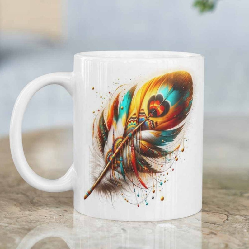 Tailorly White Ceramic 11 oz Mug - Vibrant Artistic Quill Featuring Intricate Patterns And Colorful Splatter Effects Feather