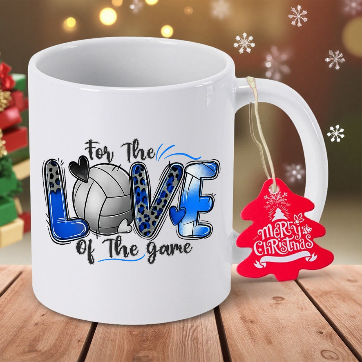 Tailorly White Ceramic 11 oz Mug - For The LOVE Of The Game Stylized Leopard Print Patterns With Blue Gradients And Small Heart Accents Volleyball