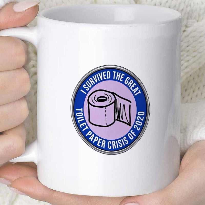 Tailorly White Ceramic 11 oz Mug - I Survived The Great Toilet Paper Crisis Of 2020 Circular Emblem Featuring Purple Background And White Bathroom Tissue Roll