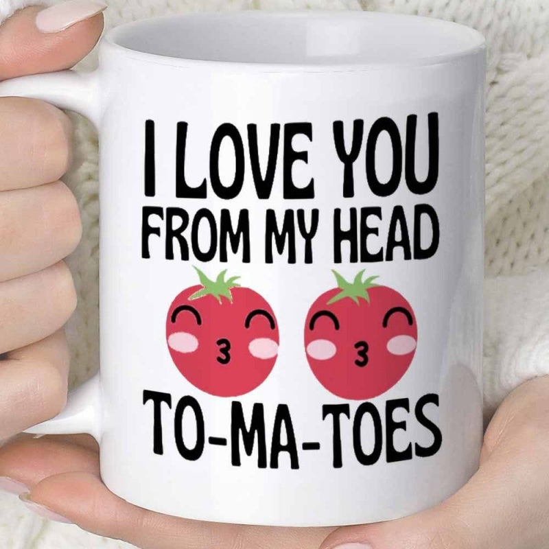 Tailorly White Ceramic 11 oz Mug - I Love You From My Head To Ma Toes Two Cute Red Smiling Cartoon Fruits With Green Leaves Tomato