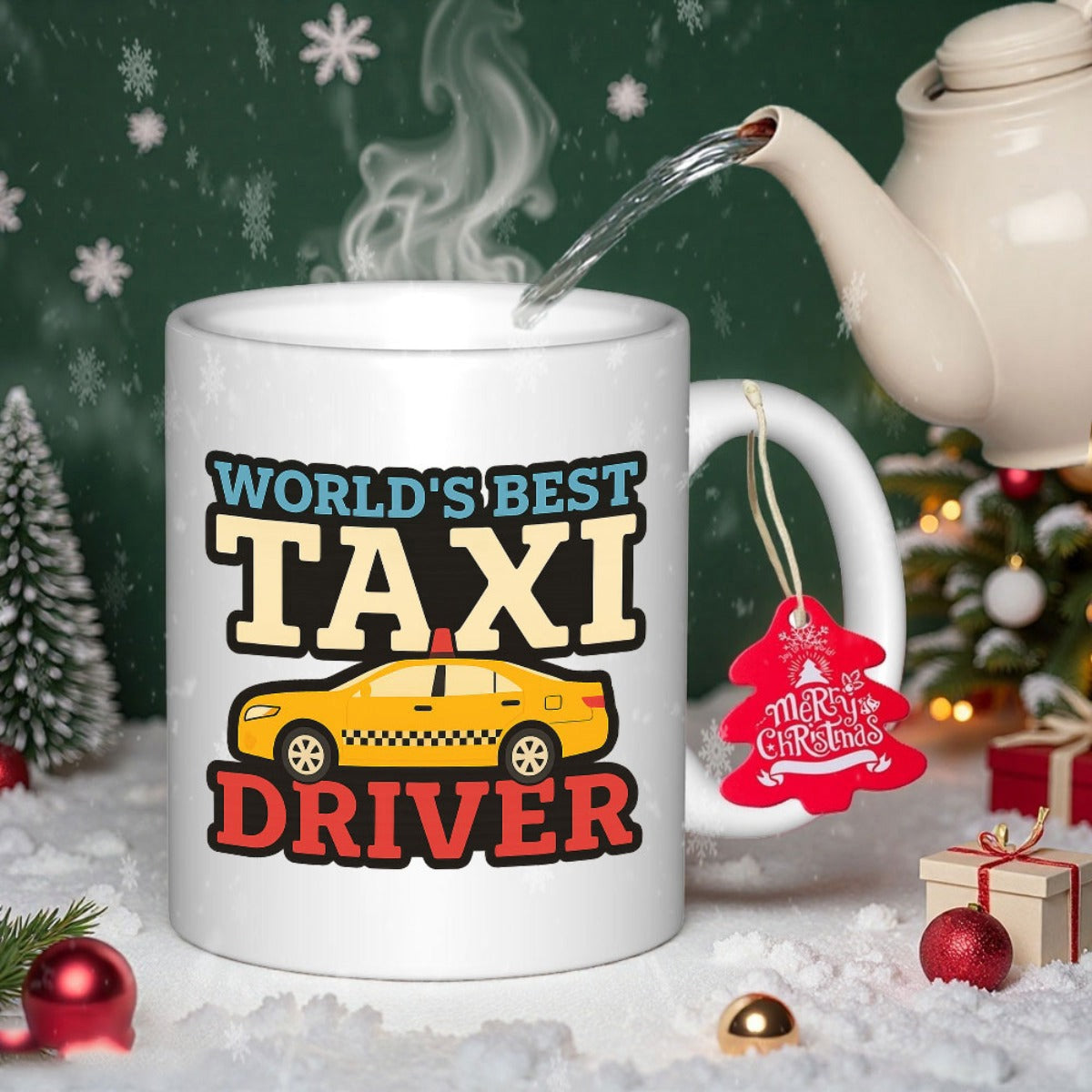 Tailorly White Ceramic 11 oz Mug - Worlds Best Taxi Driver Classic Yellow Sedan Driving Through A Snowy Winter Holiday Scene Taxi