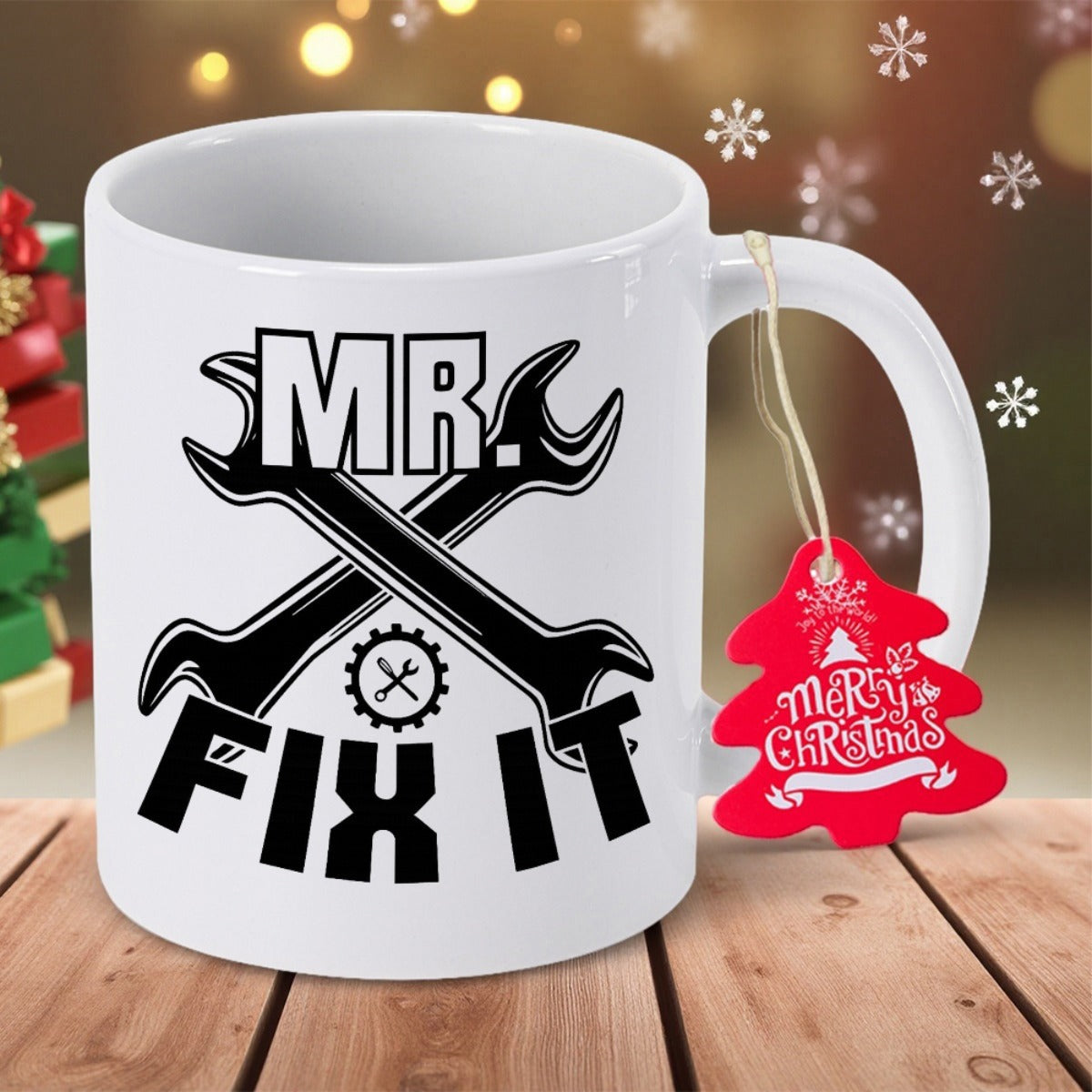 Tailorly White Ceramic 11 oz Mug - Mr Fix It Merry Christmas Bold Black Crossed Industrial Maintenance Tools With A Circular Gear Wrench