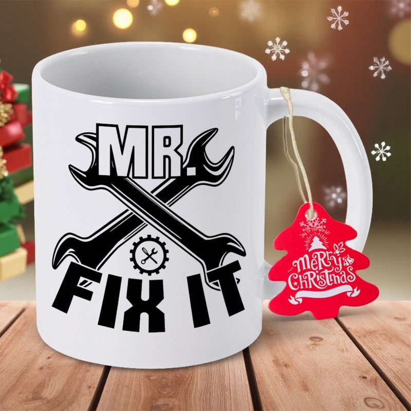 Tailorly White Ceramic 11 oz Mug - Mr Fix It Merry Christmas Bold Black Crossed Industrial Maintenance Tools With A Circular Gear Wrench