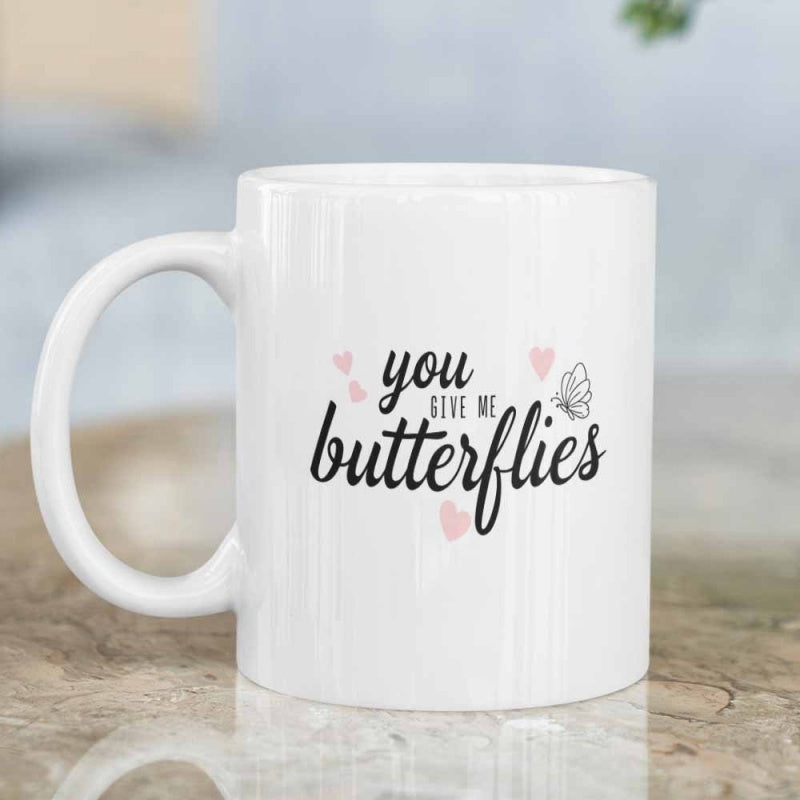 Tailorly White Ceramic 11 oz Mug - You Give Me Butterflies Delicate Line Drawing Among Floating Small Pink Love Hearts Butterfly