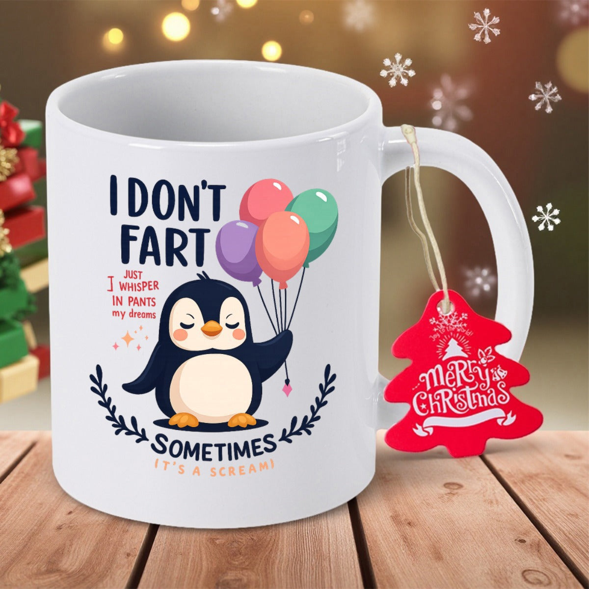 Tailorly White Ceramic 11 oz Mug - I Don't Fart Cute Cartoon Penguin Holding Colorful Balloons Standing Above Green Laurel Branches Penguin