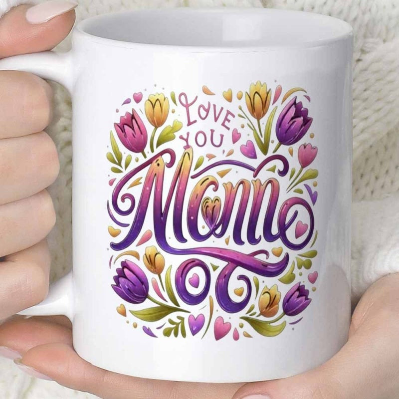 Tailorly White Ceramic 11 oz Mug - Love You Mom Vibrant Blooming Tulips With Colorful Hearts Among Artistic Swirls Tulip