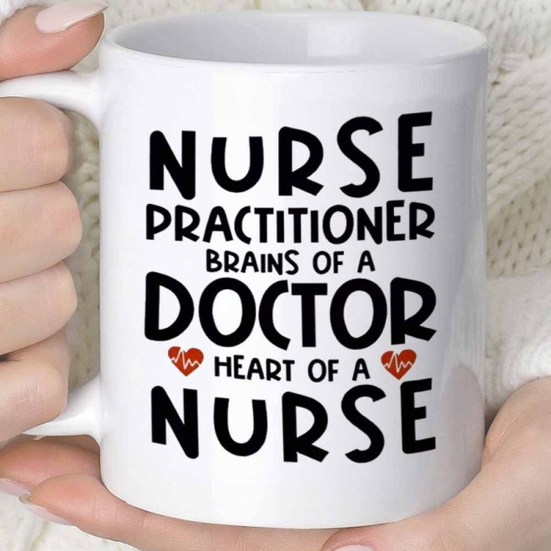 Tailorly White Ceramic 11 oz Mug - Nurse Practitioner Brains Of A Doctor Heart Of A Nurse Two Red Hearts With Heartbeat Pulses Printed On Plain Ceramic Mug