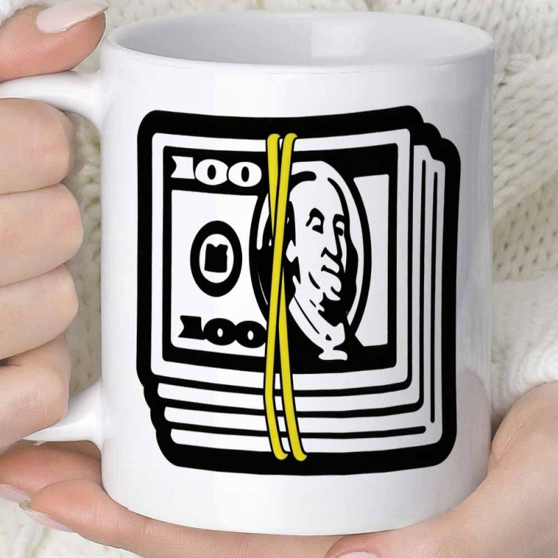 Tailorly White Ceramic 11 oz Mug - 100 Stylized Illustration Of Banknotes Bound Together By Yellow Band Money