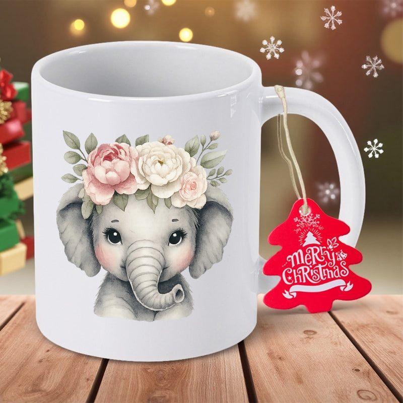 Tailorly White Ceramic 11 oz Mug - Merry Christmas Adorable Little Baby Sitting With Soft Floral Crown On Head Elephant