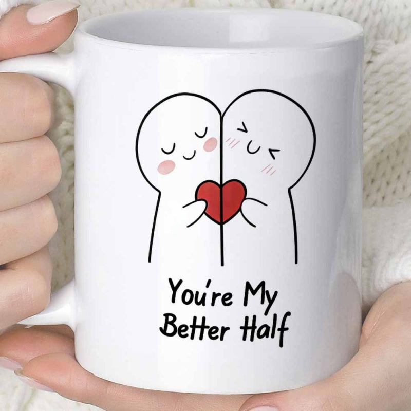 Tailorly White Ceramic 11 oz Mug - Youre My Better Half Two Minimalist Figures Holding A Bright Red Heart Among Soft Blushing Characters