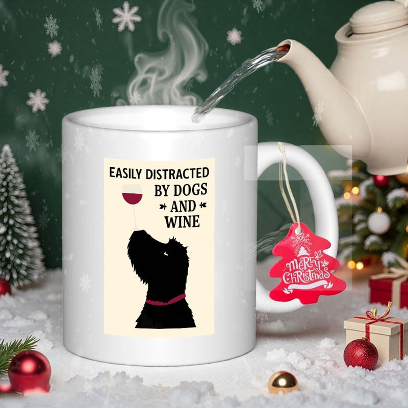 Tailorly White Ceramic 11 oz Mug - Easily Distracted By Dogs And Wine Minimalist Black Dog Silhouette Balancing A Wine Glass Dog