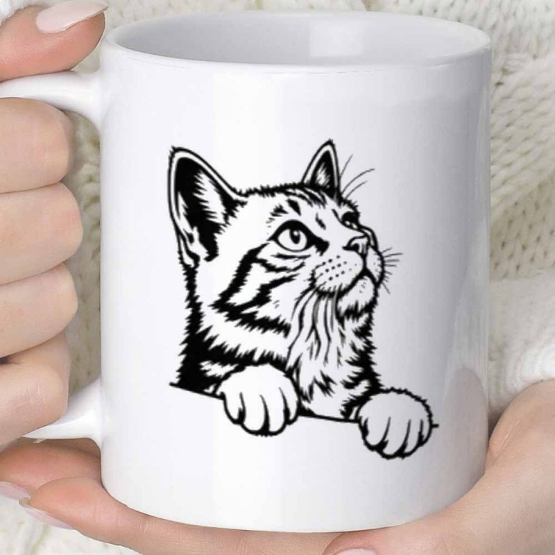 Tailorly White Ceramic 11 oz Mug - Artistic Black And White Illustration Of A Cute Peeking Tabby Cat