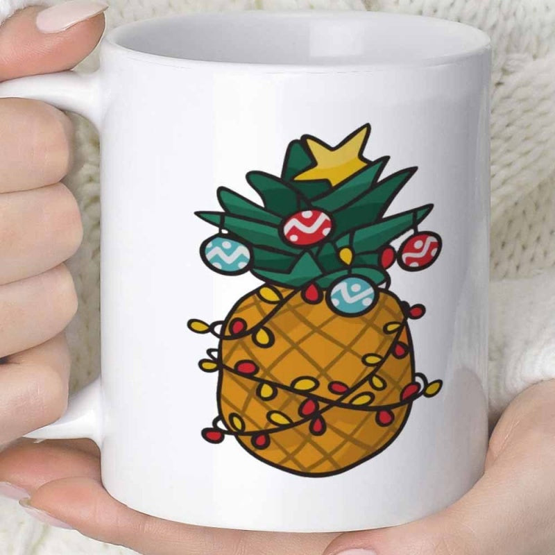 Tailorly White Ceramic 11 oz Mug - Festive Holiday Concept With Colorful Ornaments And Twinkling Fairy Lights Pineapple