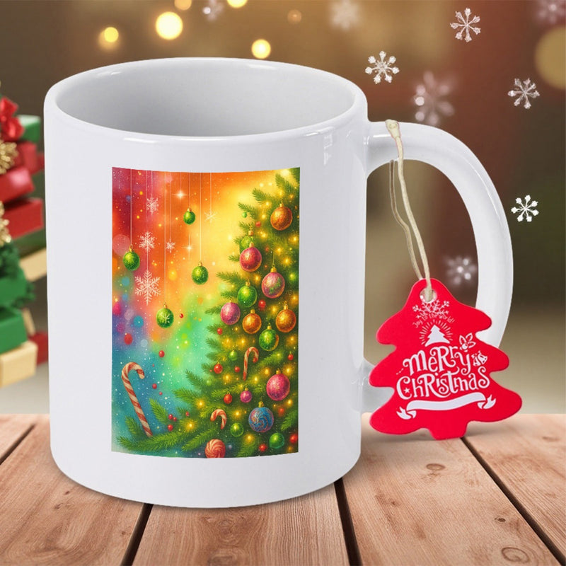 Tailorly White Ceramic 11 oz Mug - Merry Christmas Vibrant Festive Tree Glowing With Warm Lights And Colorful Ornaments Christmas Tree