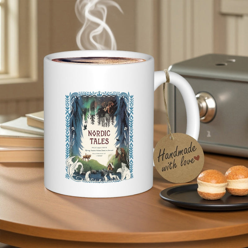 Tailorly White Ceramic 11 oz Mug - Nordic Tales Lush Evergreen Trees With Wild Animals Under Moonlight Forest