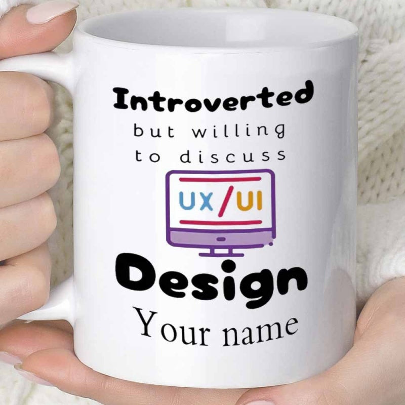 Tailorly White Ceramic 11 oz Mug - Introverted But Willing To Discuss UX UI Design Your Name Sleek Modern Computer Screen Icon Featuring Purple Borders And