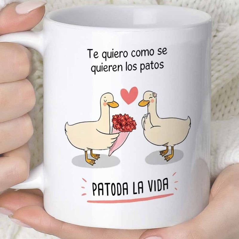 Tailorly White Ceramic 11 oz Mug - Two Romantic Ducks Holding Red Roses Under A Pink Heart Duck