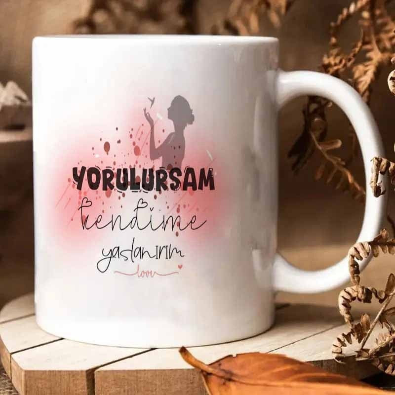 Tailorly White Ceramic 11 oz Mug - Love Standing Gracefully Within Soft Pink Watercolor Mist And Hearts Woman Silhouette