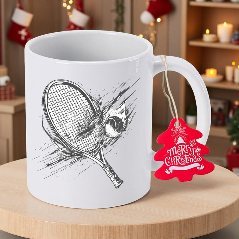 Tailorly White Ceramic 11 oz Mug - Hand Drawn Sketch Of Dynamic Flying Ball With Flaming Motion Tennis Racket