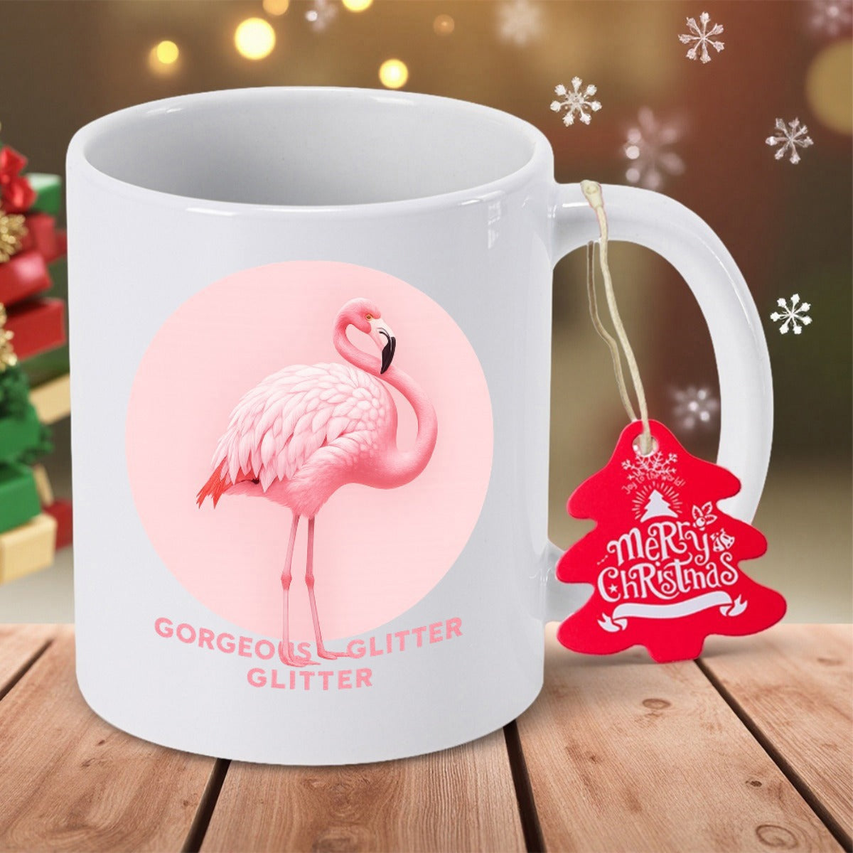Tailorly White Ceramic 11 oz Mug - Gorgeous Glitter Glitter Graceful Pink Bird Standing Inside A Soft Pastel Circle Flamingo