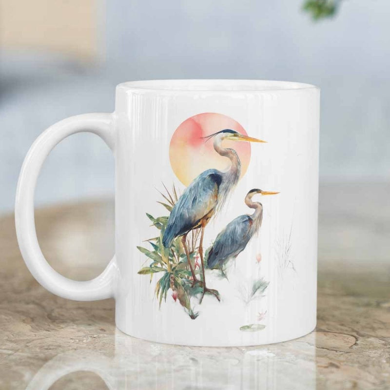Tailorly White Ceramic 11 oz Mug - Graceful Elegant Birds Standing Among Marsh Reeds Under Soft Glowing Sunset Heron